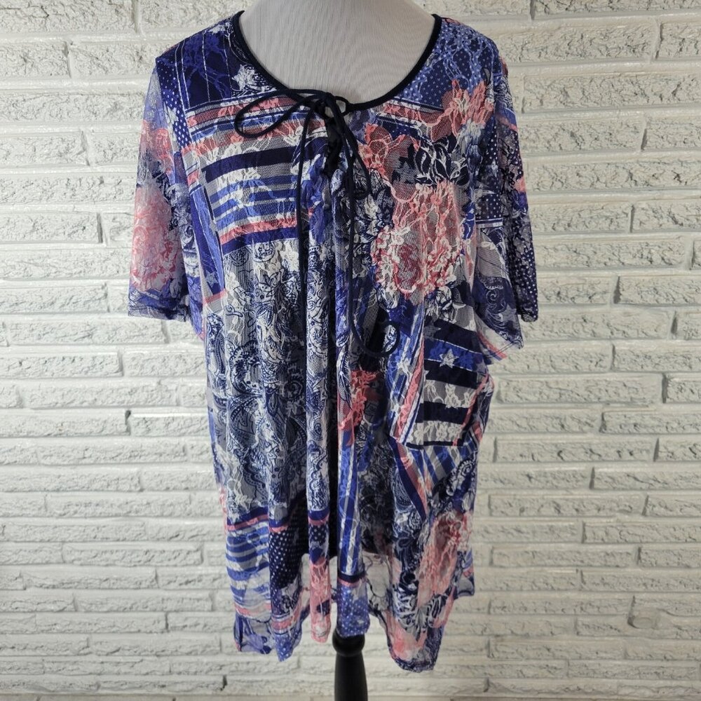 Catherines Womens Top 2X Plus Tunic Mesh Blue Pink Floral Lined Comfy FLO57E